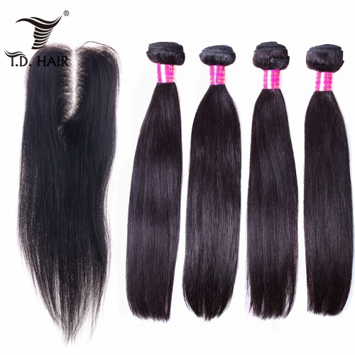 TD Hair 4PCS Malaysia Straight Remy Bundles With 4*4 Transparent Swiss Lace Closure Natural Color 100% Human Hair Pre Plucked Natural Hairline