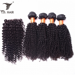 TD Hair 4PCS/Pack Kinky Curly Peruvian Remy Bundles With 4x4 Swiss Lace Closure Pre Plucked Hair Line Extensions Baby Hairline 100% Human Hair