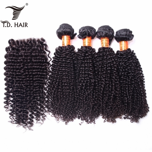 TD Hair 4PCS/Pack Kinky Curly Peruvian human Hair  Bundles With 4x4 Swiss Lace Closure Pre Plucked Hair Line Extensions Baby Hairline 100% Human Hair