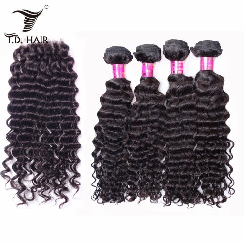 TD Hair 4PCS Deep Wave Malaysia Virgin Weave Bundles With 4*4 Transparent Swiss Lace Closure Pre Plucked Hair Line Extensions