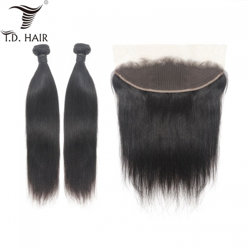 TD Hair 2PCS Brazilian Virgin Straight Bundles With 13x4 Transparent Swiss Lace Frontal Weaves Unprocessed Weaving 100% Human Hair 9A Grade