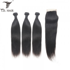 TD Hair Brazilian Straight Weave Bundles 3pcs With 4*4 Transparent Swiss Lace Closure 100% Human Hair Natural Color