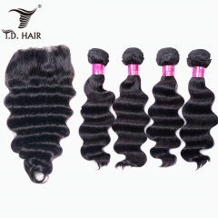 TD Hair 4PCS Loose Wave Remy Malaysia Bundles With 4*4 Transparent Lace Closure 100% Human Hair Pre Plucked Hair Line 1B# Natural Color