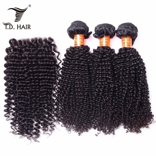 TD Hair 3PCS/Pack Kinky Curly Brazilian Remy Bundles With 4x4 Swiss Lace Closure Pre Plucked Hair Line Extensions Free Part 100% Human Hair