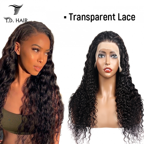 TD Hair Deep Wave 13*4 Frontal Transparent Swiss Lace Wigs 180% Density 100% Human Hair With Baby Hair For Black Women Pre Plucked Hairline