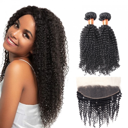 TD Hair 2PCS/Pack Peruvian Kinky Curly Virgin hair Bundles With 13*4 Swiss Transparent Lace Frontal Natural Pre Plucked Hair Line Cuticle Aligned