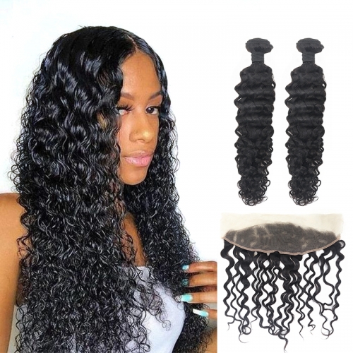 TD Hair 2PCS/Pack Water Wave Virgin hair Bundles With 13*4 Swiss Transparent Lace Frontal Natural Pre Plucked Hair Line Cuticle Aligned