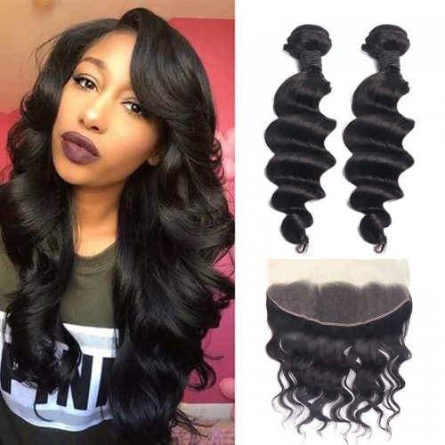 TD Hair 2PCS Peruvian Virgin hair Loose Wave Bundles With 13*4 Swiss Lace Frontal Pre Plucked Natural Hair Line Unprocessed Cuticle Aligned