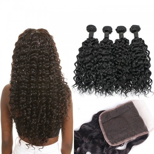 TD Hair 4PCS Peruvian Remy Water Wave Bundles With 4x4 Swiss Lace Closure Natural Color 100% Human Hair Cuticle Aligned