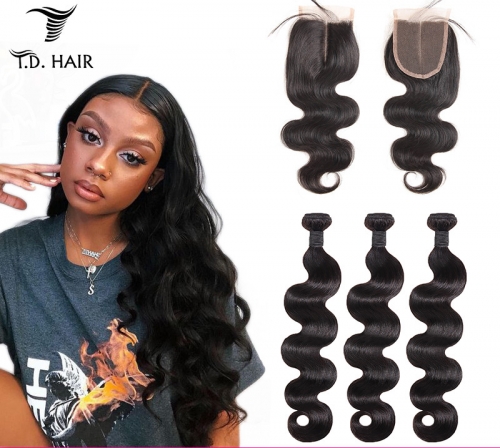TD Hair Body wave hair 3 Bundles With a 4*4 Transparent Swiss Lace Closure Natural Color 100% Human Hair Pre Plucked Natural Hairline