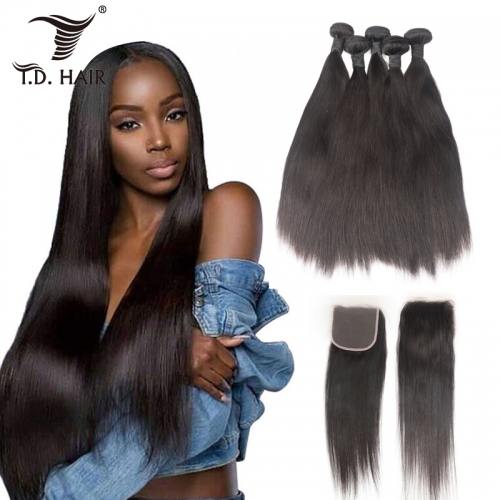 TD Hair 3PCS Peruvian Brazilian Virigin hair Straight Hair Bundles Weaving With 13*4 Transparent Swiss Lace Frontal  Hair Extensions Sew in