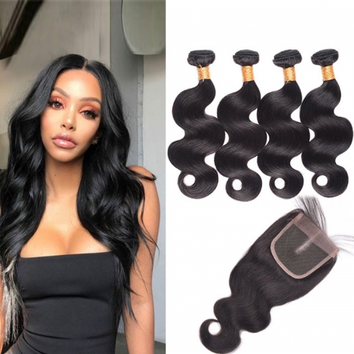 TD Hair 4PCS Brazilian Body Wave Virgin hair Bundles Weaving With 4*4 Transparent Swiss Lace Closure Pre Plucked Hair Line Extensions