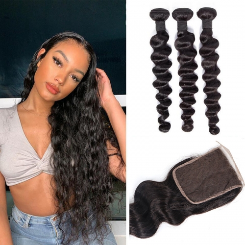 TD Hair 3PCS Loose Wave Remy Brazilian 100% Human Hair Bundles With 4*4 Transparent Swiss Lace Closure 1B# Natural Color Hair Extensions