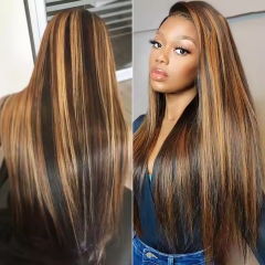 TD HAIR Wear Go Glueless  Real Human Hair Piano 4/27 Honey Blonde Brown Highlight 13x4 transparent lace pre-plucked with baby hair  Bone Straight Hair