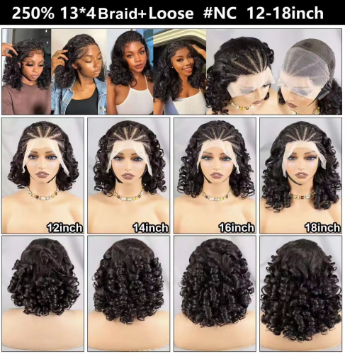 TD Hair 1B# 13x4 Transparent Frontal Wig Loose wave with front Braids 12-18 inch Factory Ready Made Wig full density