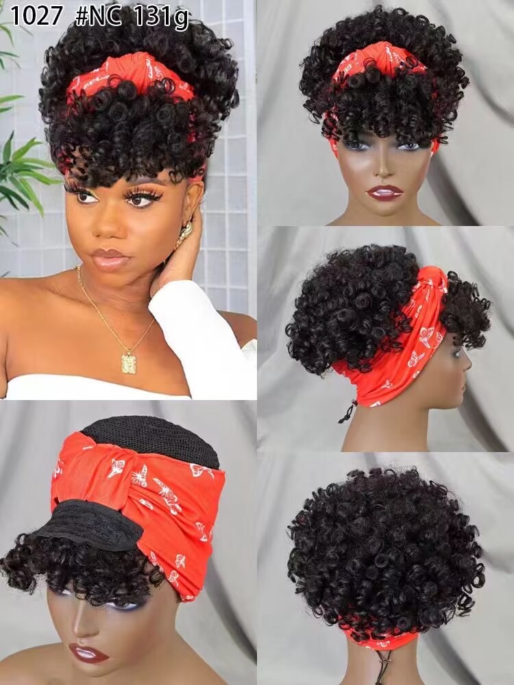 TD Hair Wholesale real human hair short Summer  Headband  wig  Hair Puff Afro Wig  Brazilian Curly Drawstring Pony wear and go For  Black Women