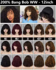 TD Hair  Bob Wig With  Bang 12 inch Full Machine Made water wave Curl Fringe Wig Human Hair virgin Indian Hair Wigs No Lace