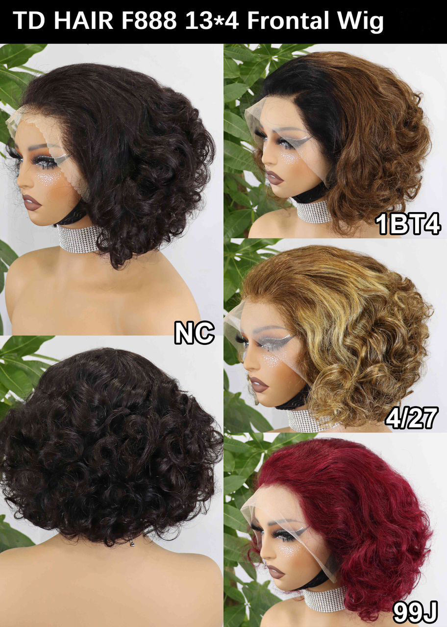 TD Hair 13x4 Lace Front Short Wavy Bob Frontal Wigs Finger Wave Pixie Cut Natural Colored for Black Women 100% real human hair