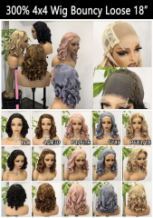 High Quality 300 Density 4*4 Lace Front Bouncy Wavy Human Hair Wigs for Black Women 18Inch Curl Wig