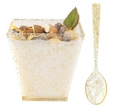 CH24 Gold Glitter Plastic Dessert Cups With Spoons Wine Goblet Glasses