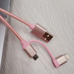 USB To Micro USB and Apple lighting Fast charging Cable 2 in 1 (Aluminum) Pink