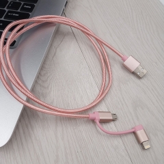 USB To Micro USB and Apple lighting Fast charging Cable 2 in 1 (Aluminum) Pink