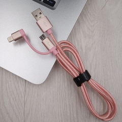 USB To Micro USB and Apple lighting Fast charging Cable 2 in 1 (Aluminum) Pink