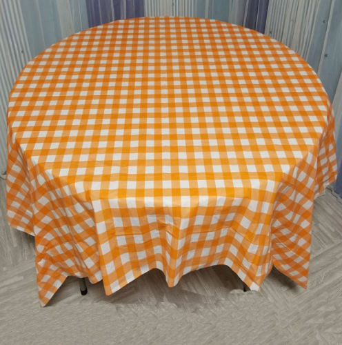 Orange & White Checkered Plastic Tablecloth 82”