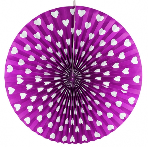 Purple Paper Hanging Fan W/Hearts 14"