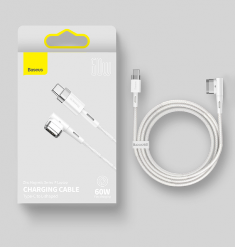 Baseus Zinc Magnetic Series iP Macbook Laptop Charging Cable Type-C to L-shaped Port 60W 2m White