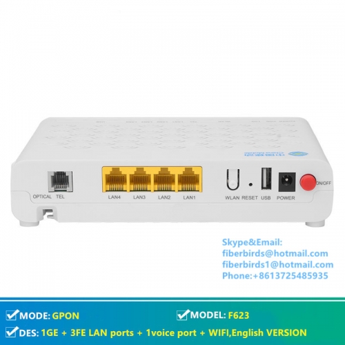 Original ZTE ZXHN F623 GPON ONU, 1GE + 3FE LAN ports + 1voice port + WIFI,English interface