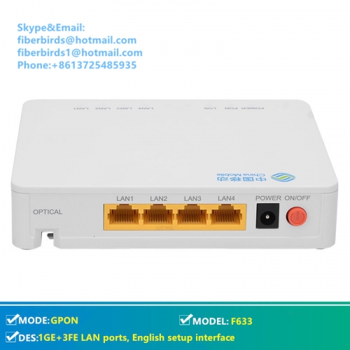 Original ZTE ZXHN F633 GPON ONU, 1GE+3FE LAN ports, English setup interface