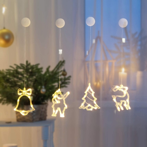 SALCAR 4er Set LED Lichterkette Weihnachtsmann, Glocken, Rentier & Baum Fensterbilder LED Dekoration, angetrieben durch Batterie mit Saugnapf