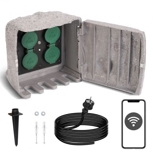 SALCAR WiFi Gartensteckdose Steinoptik mit 4 Steckplätzen mit 3m Kabels und Erdspieß, Außensteckdose mit WiFi Funktion Steuerung per App