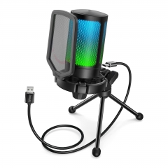 FIFINE USB Gaming Mikrofon, RGB Kondensator Mikrofone PC PS4 PS5, USB C Microphone mit Stummschalttaste, Stativ, Popfilter, Shock Mount für Streaming