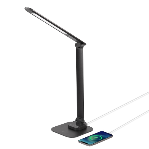 WILIT Metall LED Tischlampe Dimmbar, Schreibtischlampe mit Ladefunktion, Faltbare Nachttischlampe Touch mit USB-Ladeanschluss und Memory-Funktion