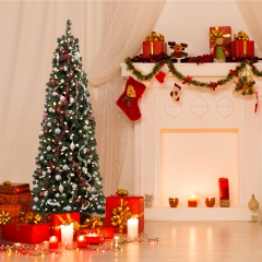 PVC Künstlicher Weihnachtsbaum Schmal, Tannenbaum Christbaum Künstlich Schnellaufbau mit Klappsystem, Christbaumständer und Handschuhen
