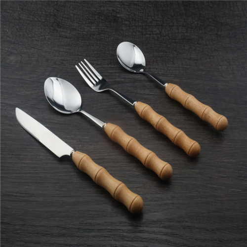 Portable Silver Stainless Steel Camping Wooden Handle Cutlery Set