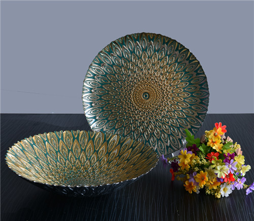 Blue Gold Decoration Glass Peacock Charger Plate And Bowl for Wedding