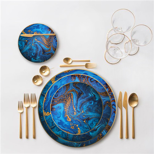 Modern Style Gold Blue Ceramic Fine Bone China Under Serving Dishes Platter