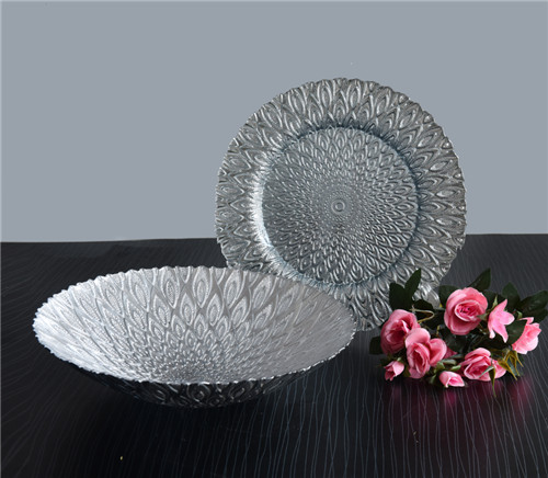 Silver Colored Glass Peacock Charger Plate And Bowl for Wedding