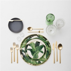 Gold Rimmed Palm Leaves Leaf Dining Table Set Ceramic Bone China Plate Wedding