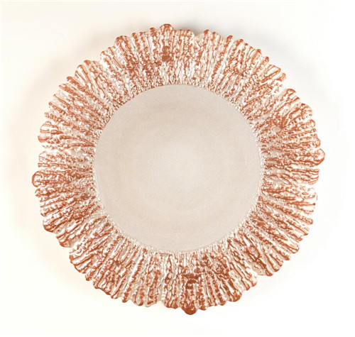 rose gold rimmed glass charger plate for wedding