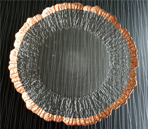 clear glass charger plates with rose gold rimmed