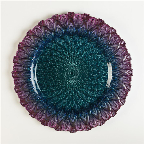 blue peacock feather pattern purple glass charger plates