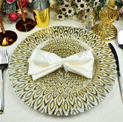 peacock feather pattern gold glass charger plates