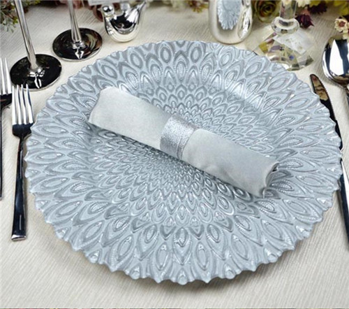 peacock feather pattern silver glass charger plates