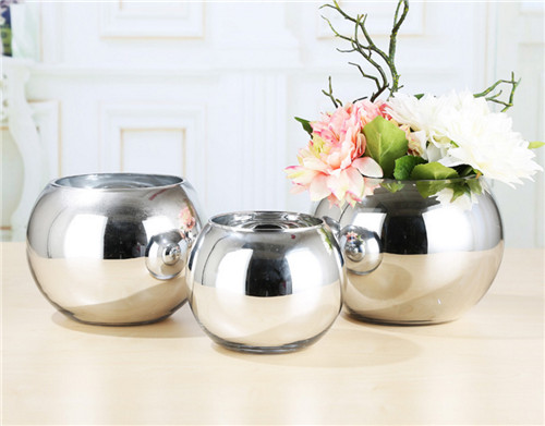 Bowl Shape Round Glass Flower Planter Wedding Event Decoration Metal Electroplated Silver Flower Vases