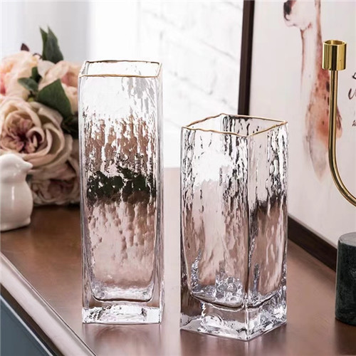 Gold Rim Square Cylinder Glass Vase For Home Hotel Decoration