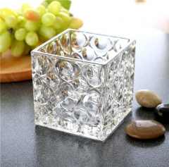High Quality Popular Selling Embossed Clear Glass Square Flower Pot Vase Transparent Crystal Candle Holder